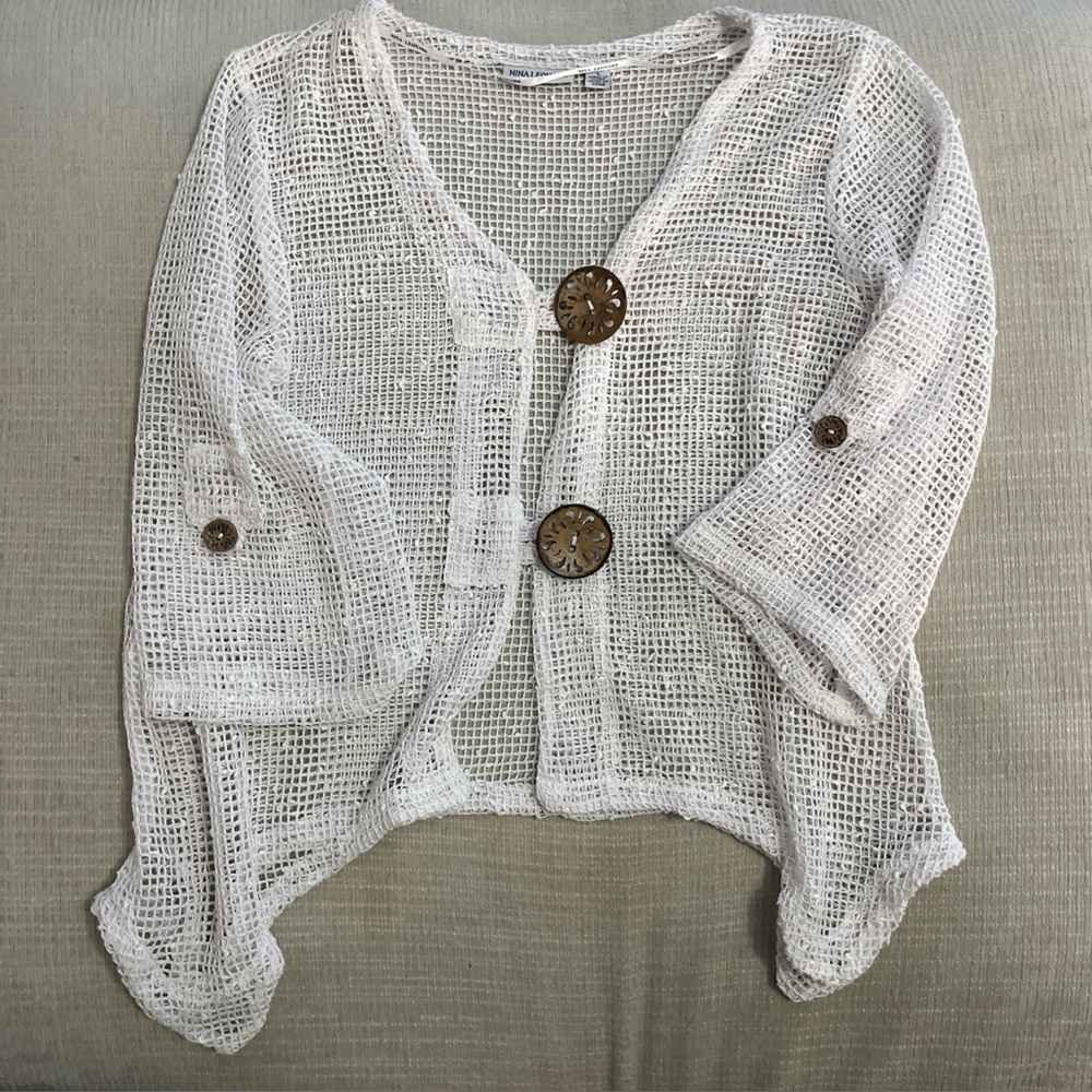 Nina Leonard White Open-Knit Sweater with Button Accents boho beach cover